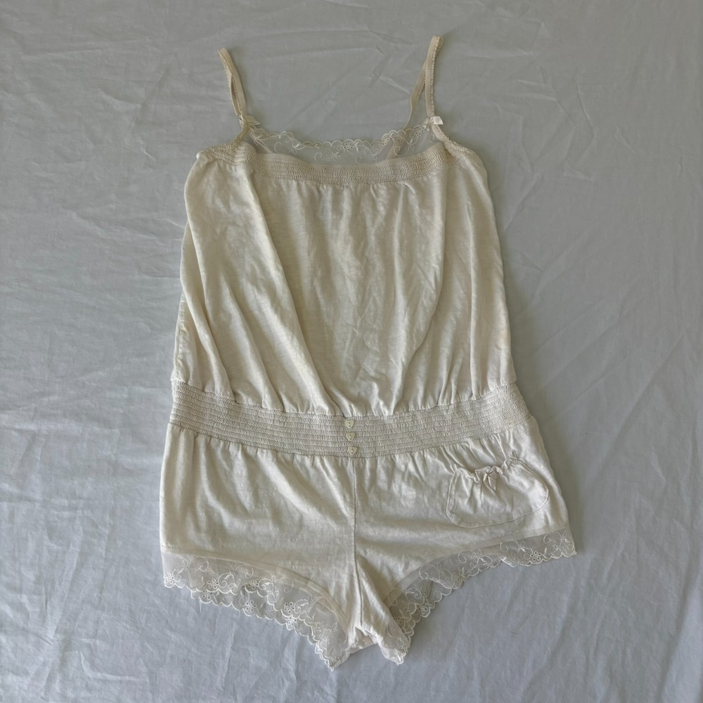 Cinema Etoile Womens Ivory Embroidered Lace Trim Sleeveless Sleep Romper Size S
